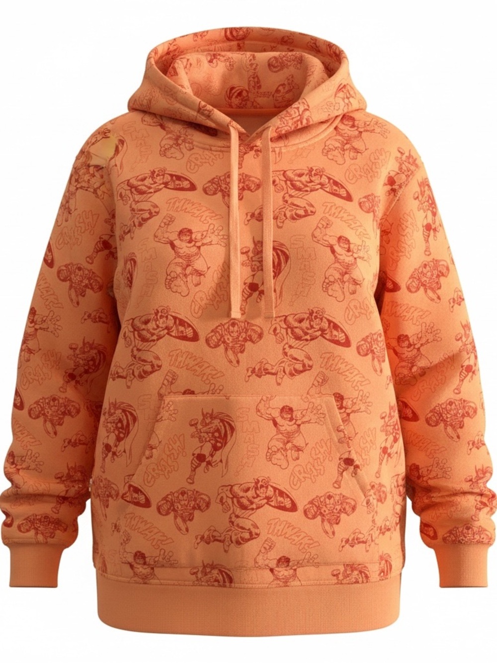 Marvel ladies 4X Orange & Pink Allover Print Hoodie. Superheroes battling